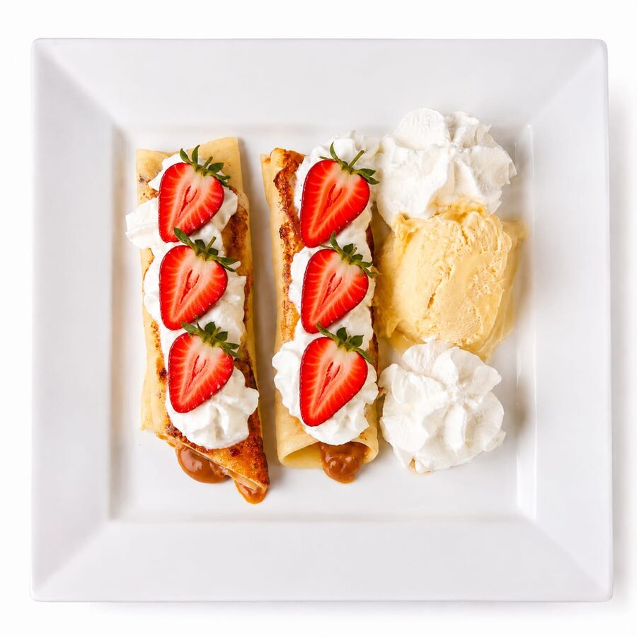 Strawberry crepe with dulce de leche and ice cream