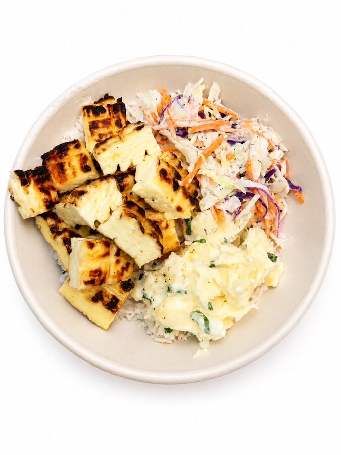 Grilled halloumi rice bowl with slaw and eggs