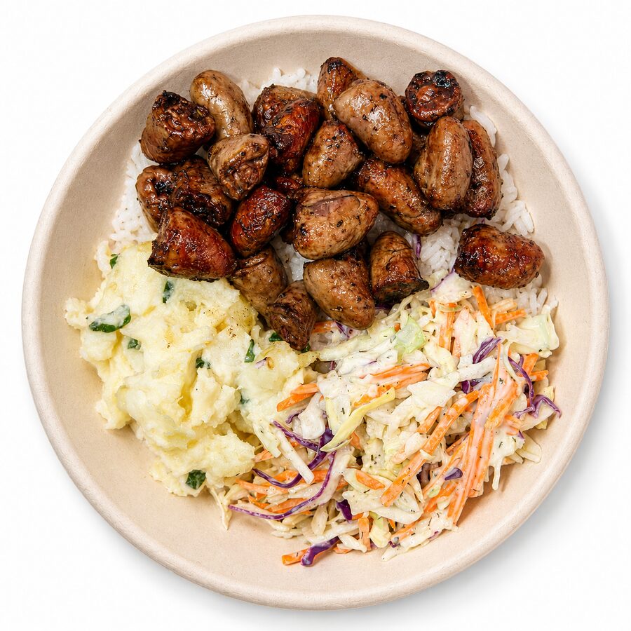 Grilled linguiça bowl with potato salad and coleslaw